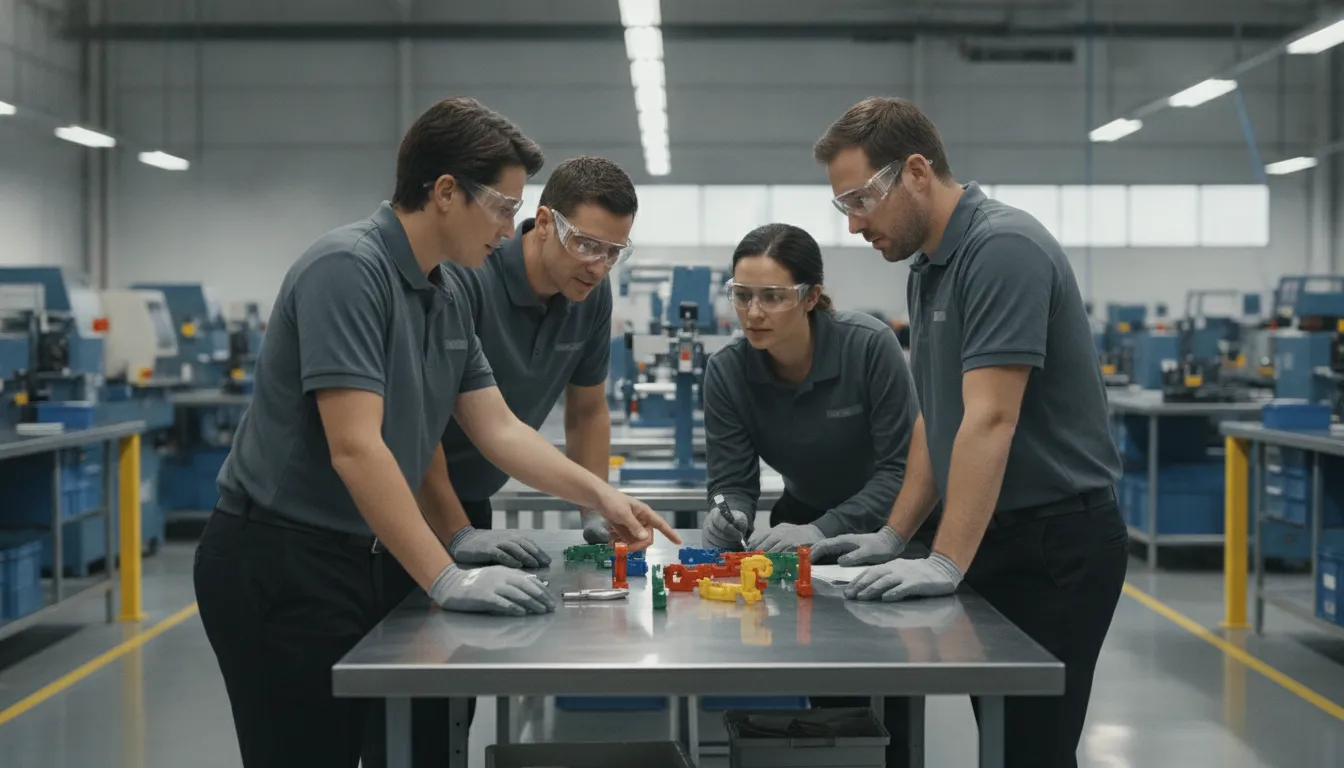 Manufacturing operations team coordinating a governed process at a clean worktable on the production floor