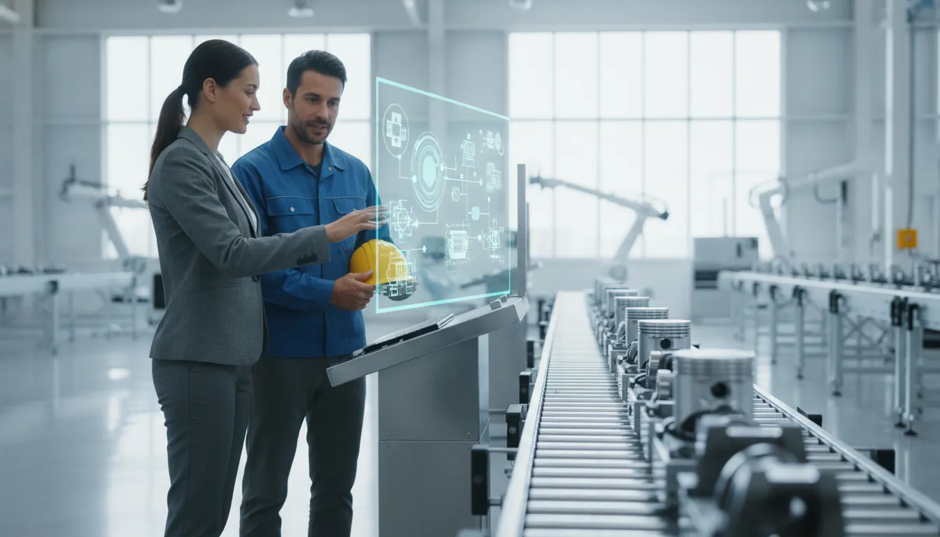 Operations consultant and plant manager reviewing an automated workflow on a clean manufacturing floor