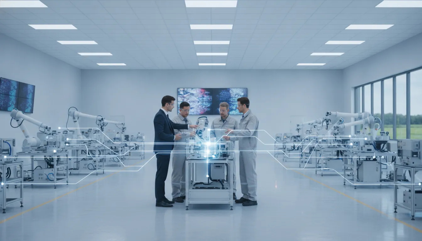 Operations managers coordinating connected digital workflows across a manufacturing floor