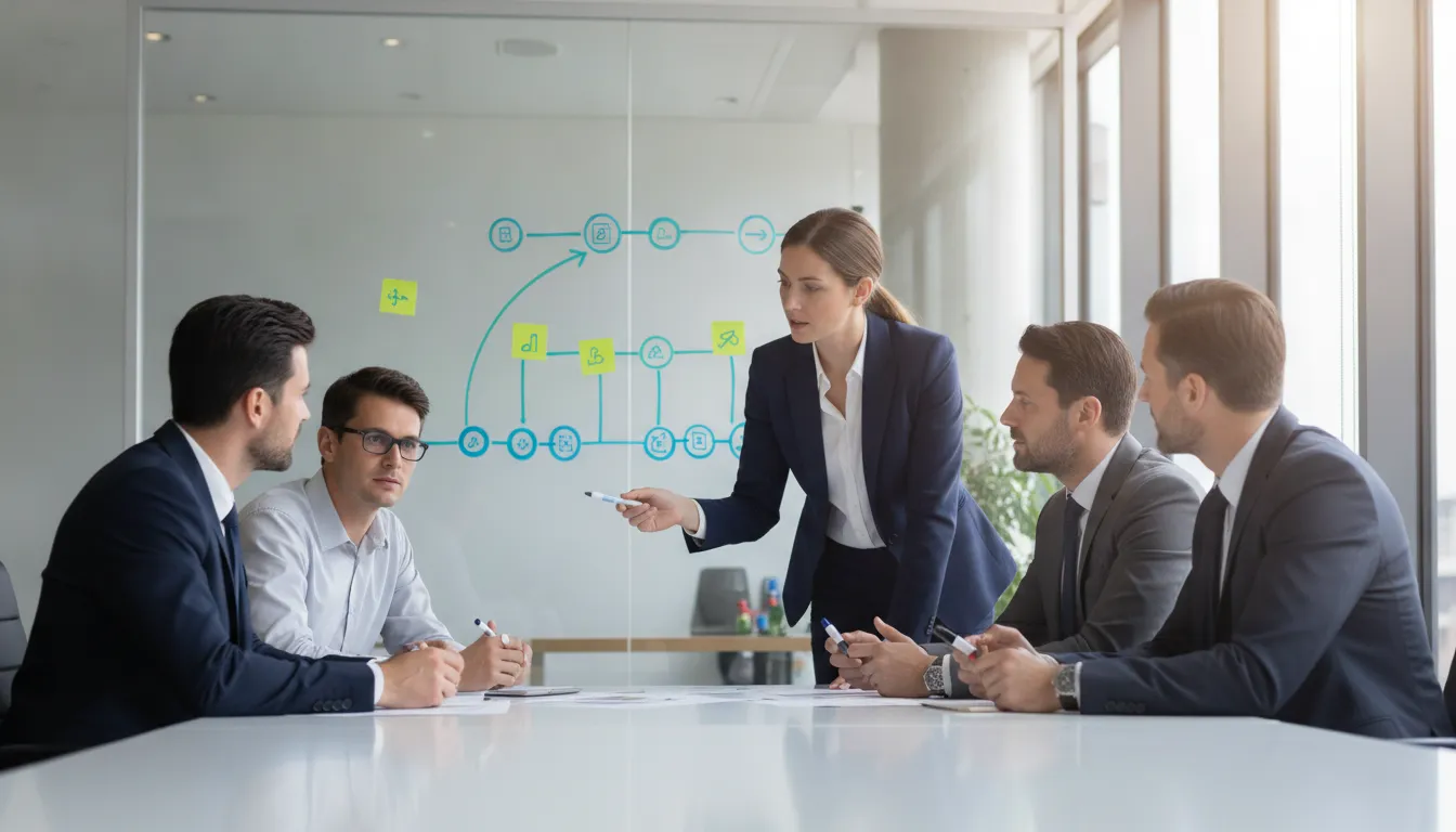 Business operations leaders planning continuous process improvement around a whiteboard workflow map