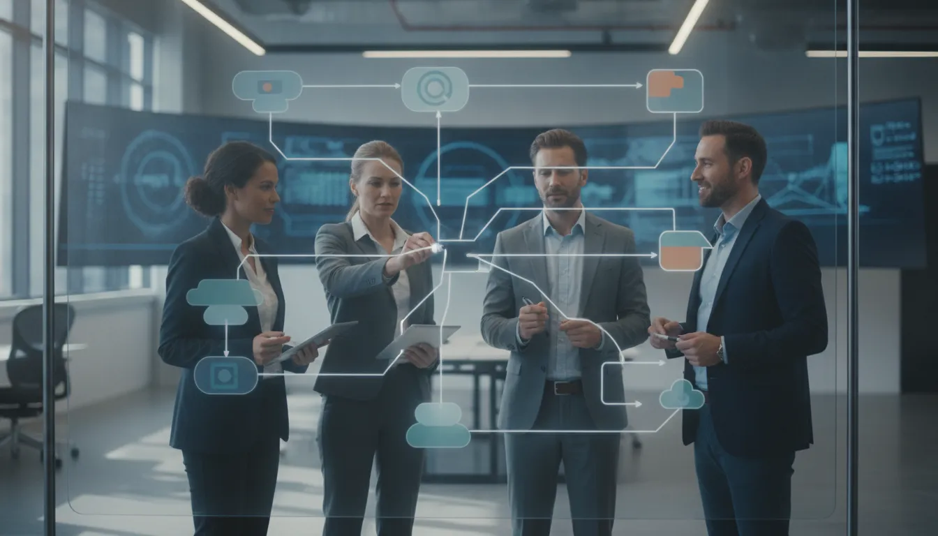 Enterprise operations and IT leaders coordinating connected workflows in a modern operations center