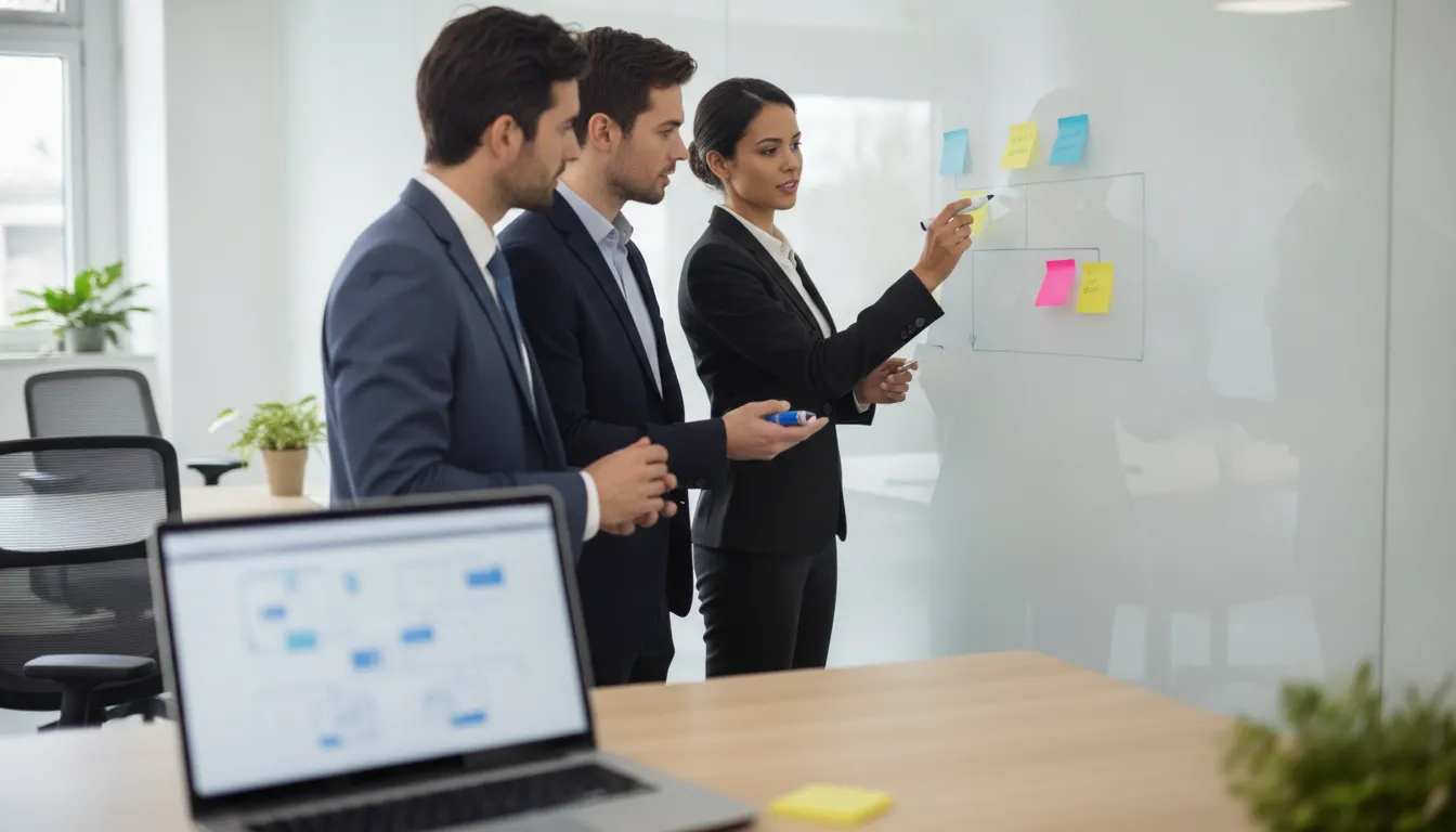 Operations and IT leaders collaborating on an automation workflow in a modern office