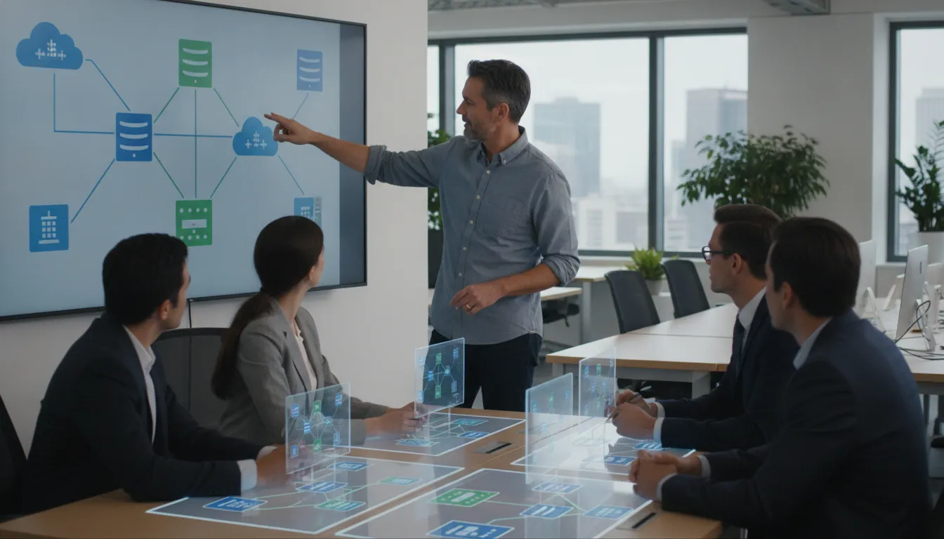 Software architect reviewing connected application diagrams for iPaaS integration planning