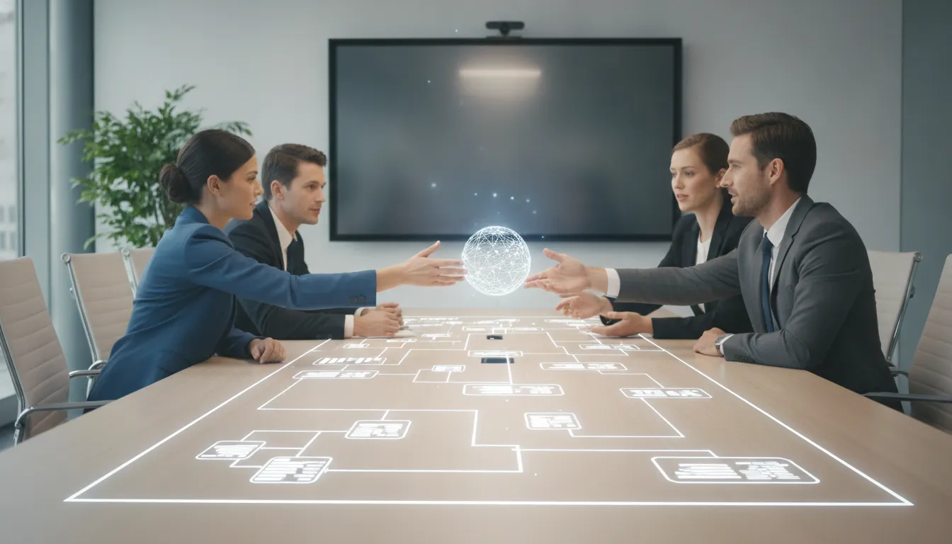 iPaaS orchestration layer: business operations team coordinating workflow steps across shared systems