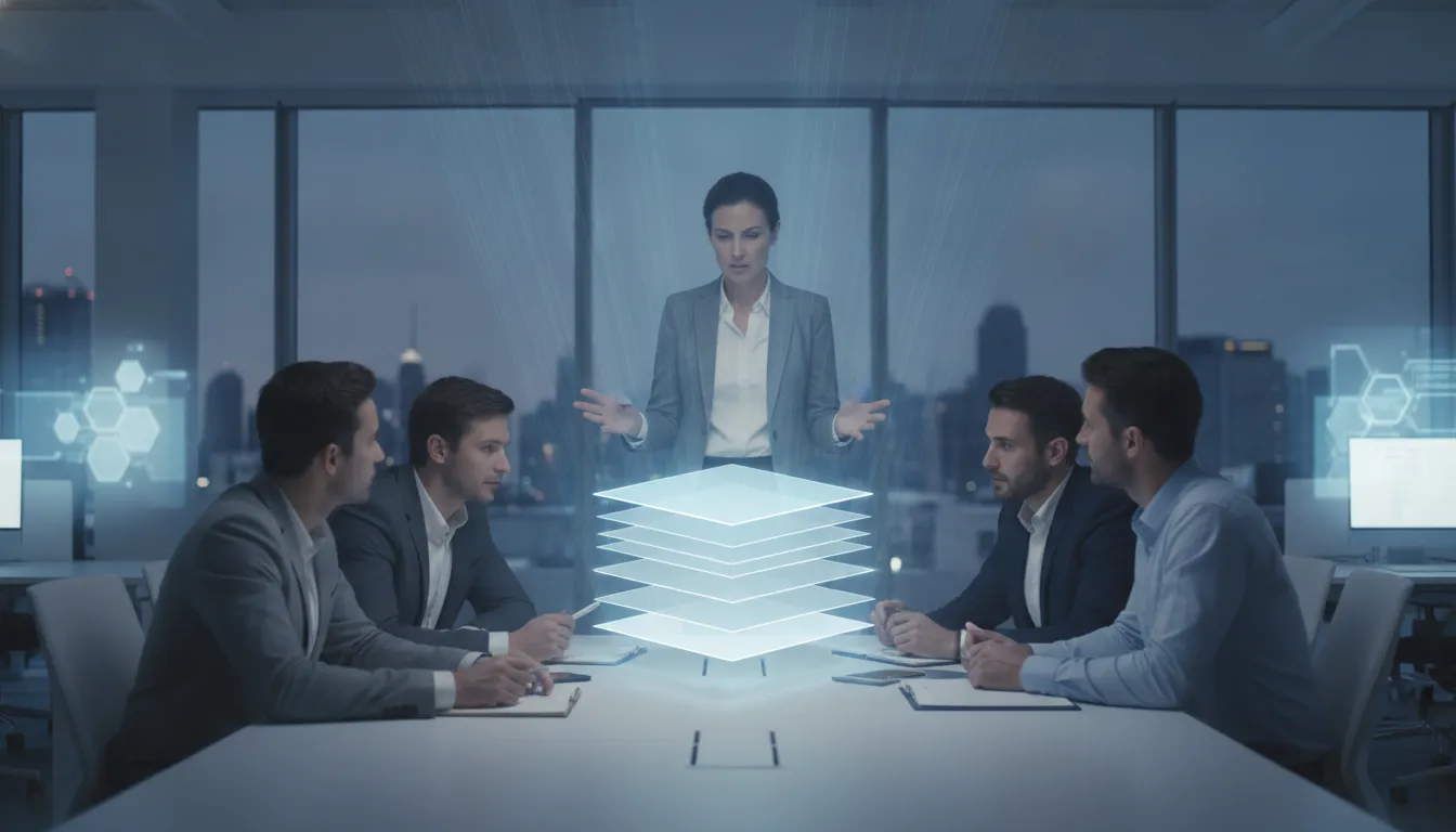 Architect reviewing connected application, workflow, and data layers