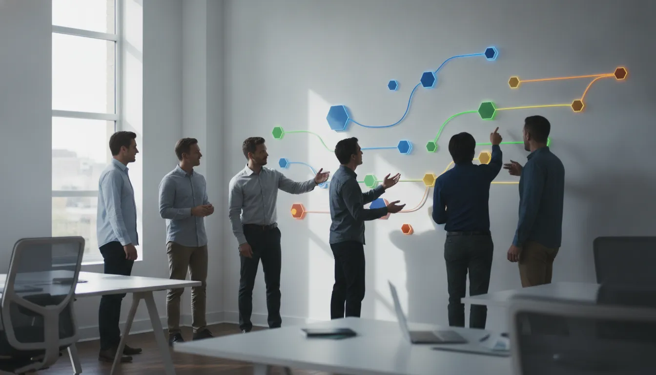 Enterprise developers and process owners reviewing connected workflow steps