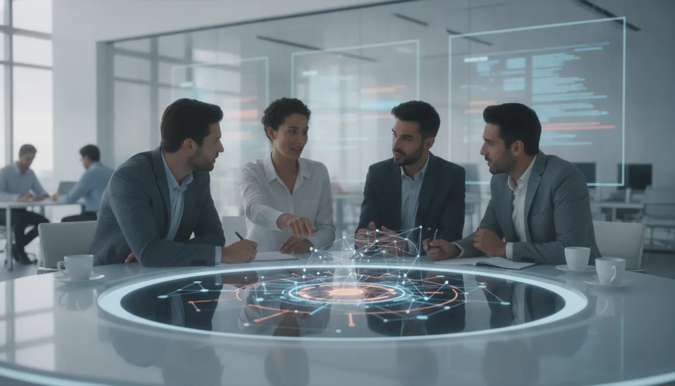 Technical team reviewing connected workflow execution