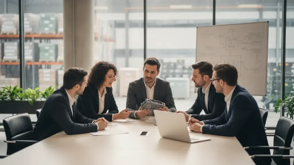 Enterprise team reviewing supplier management software workflows in a manufacturing office