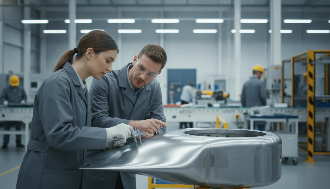 Quality engineers inspecting a component in a manufacturing facility