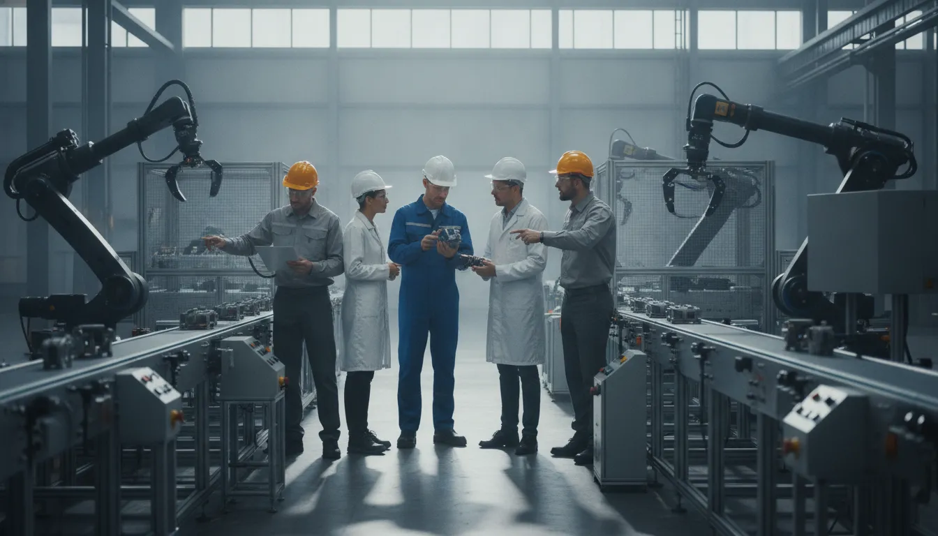 Manufacturing team reviewing automated production equipment