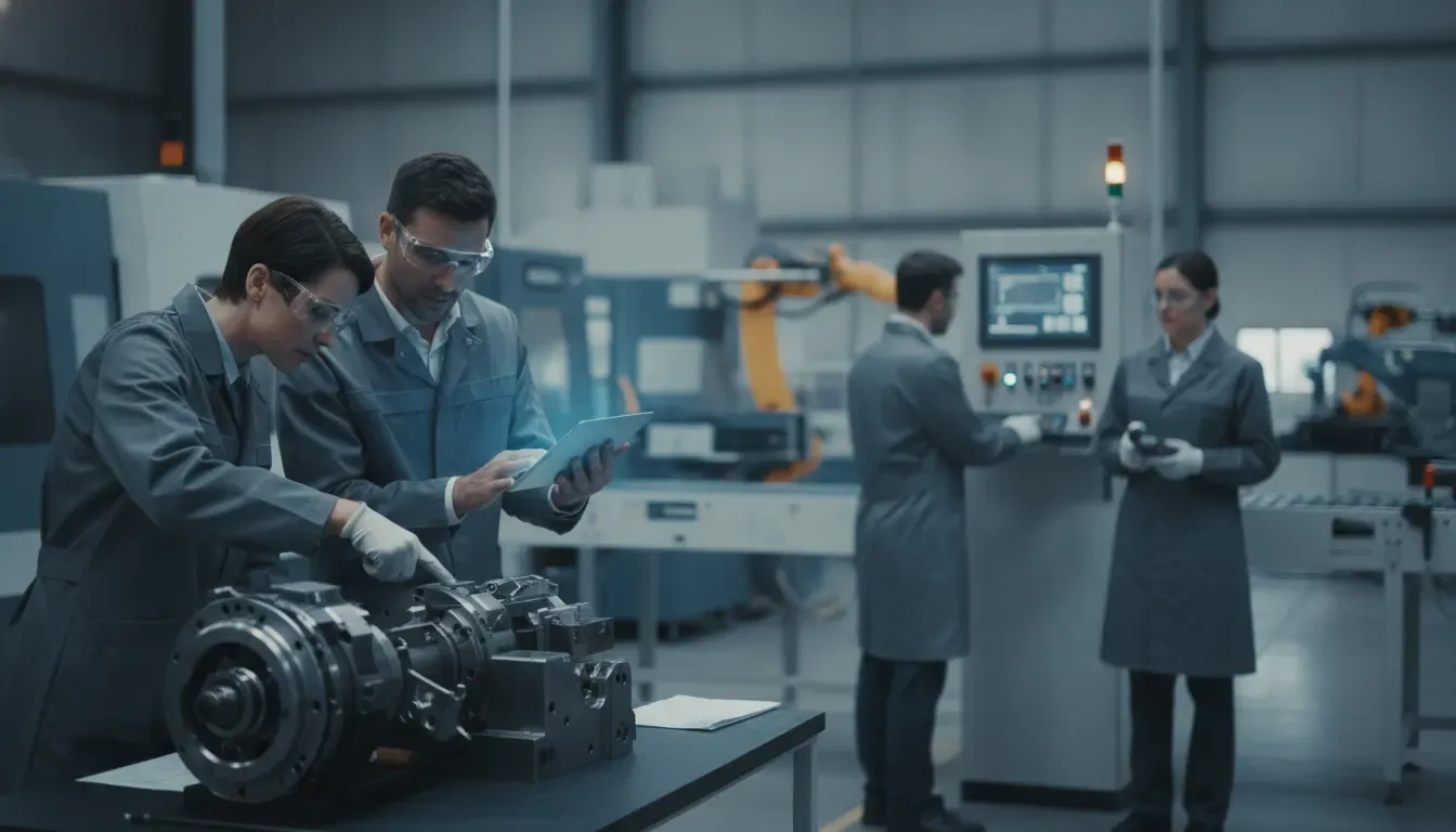 Manufacturing quality and operations team reviewing a governed digital handoff