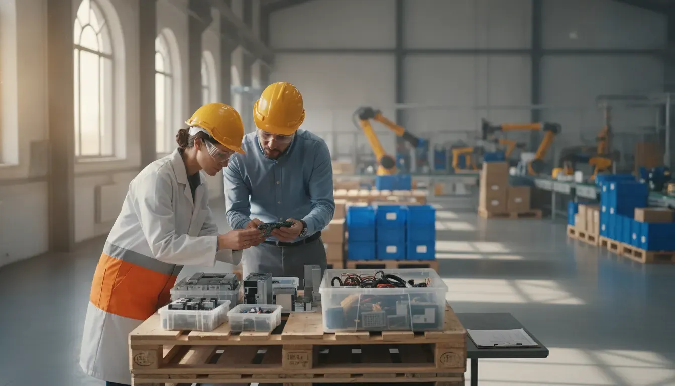 Quality engineer and supplier representative reviewing components in a supply chain quality management workflow