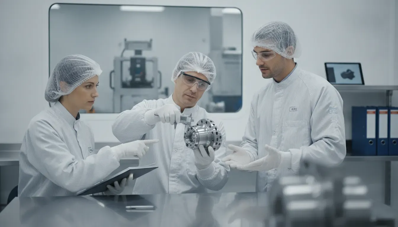 Quality specialists inspecting a supplier component in a supply chain quality management workflow