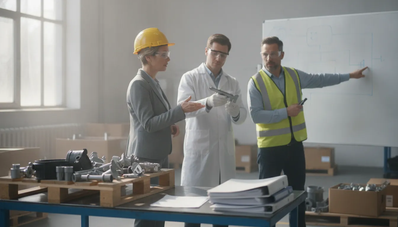 Team reviewing a supplier onboarding compliance workflow in a manufacturing environment