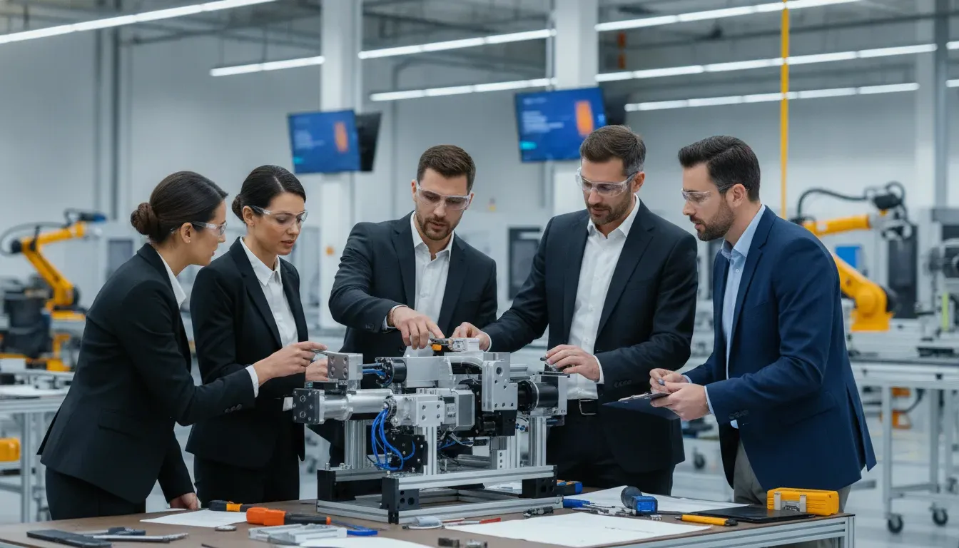 Cross-functional team reviewing a new product introduction software workflow in a manufacturing facility