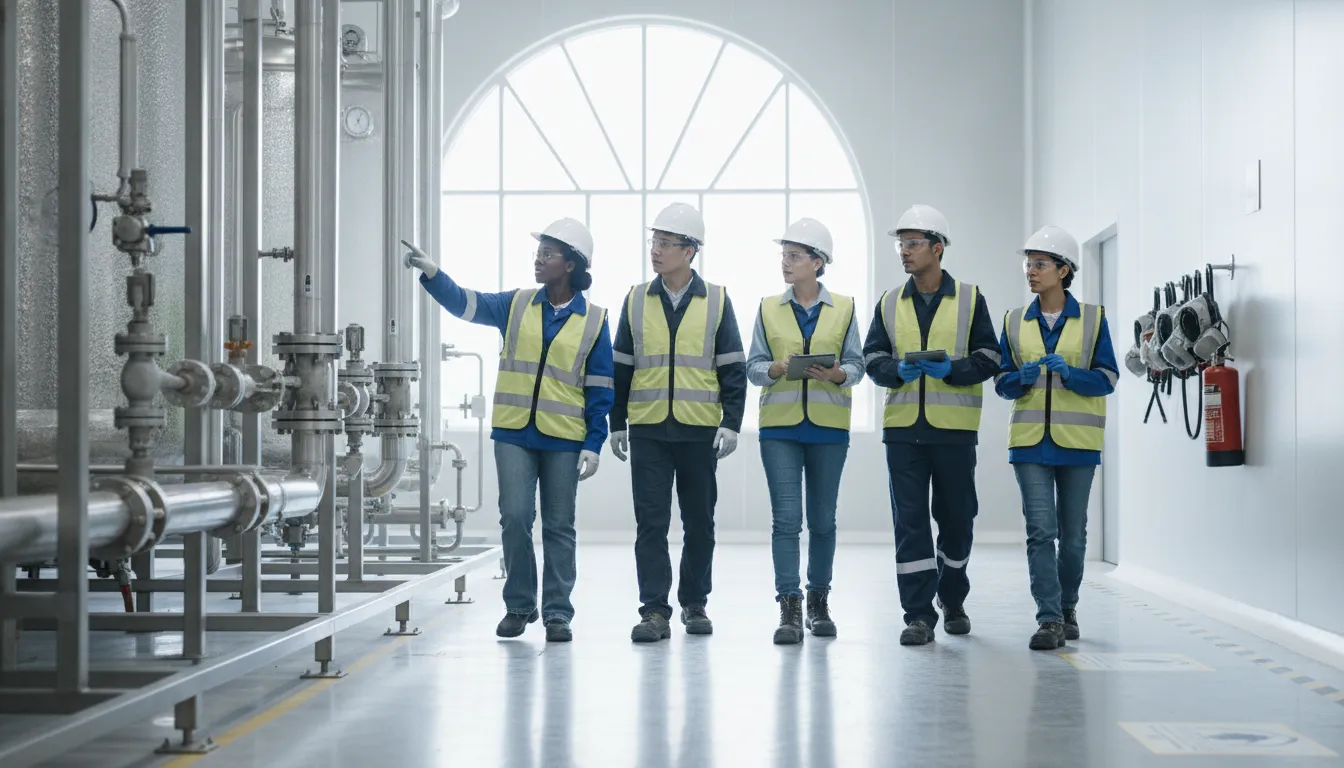 Manufacturing process safety team reviewing industrial equipment