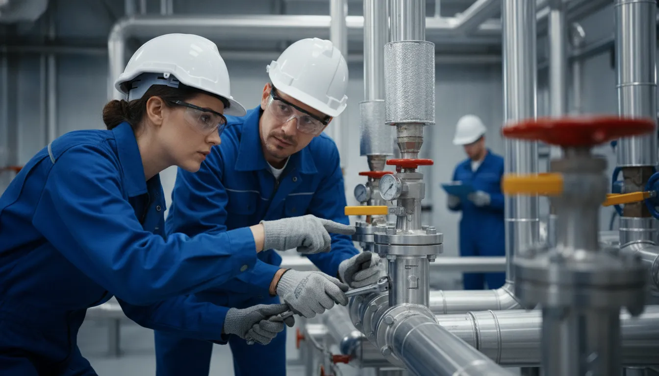 Manufacturing team reviewing process safety inspection findings and equipment conditions