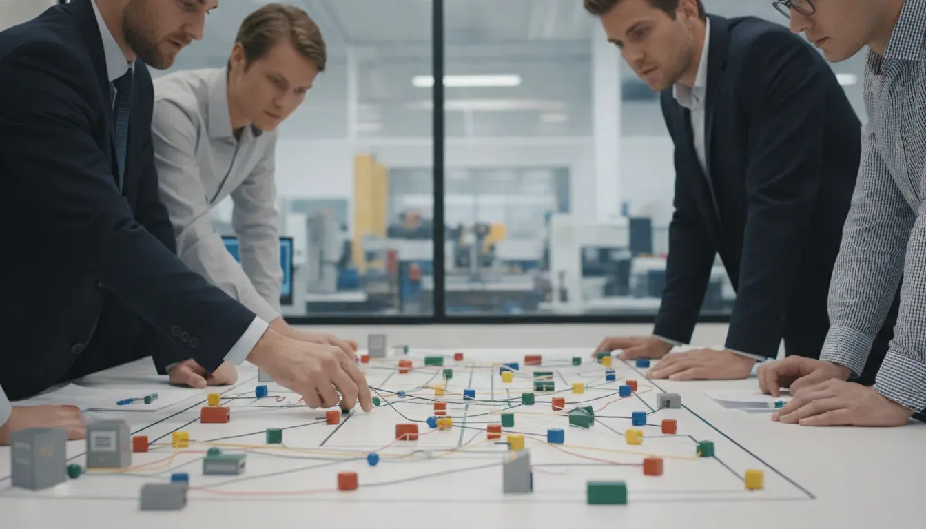Enterprise process architects modeling business process handoffs and capacity with colored workflow tokens