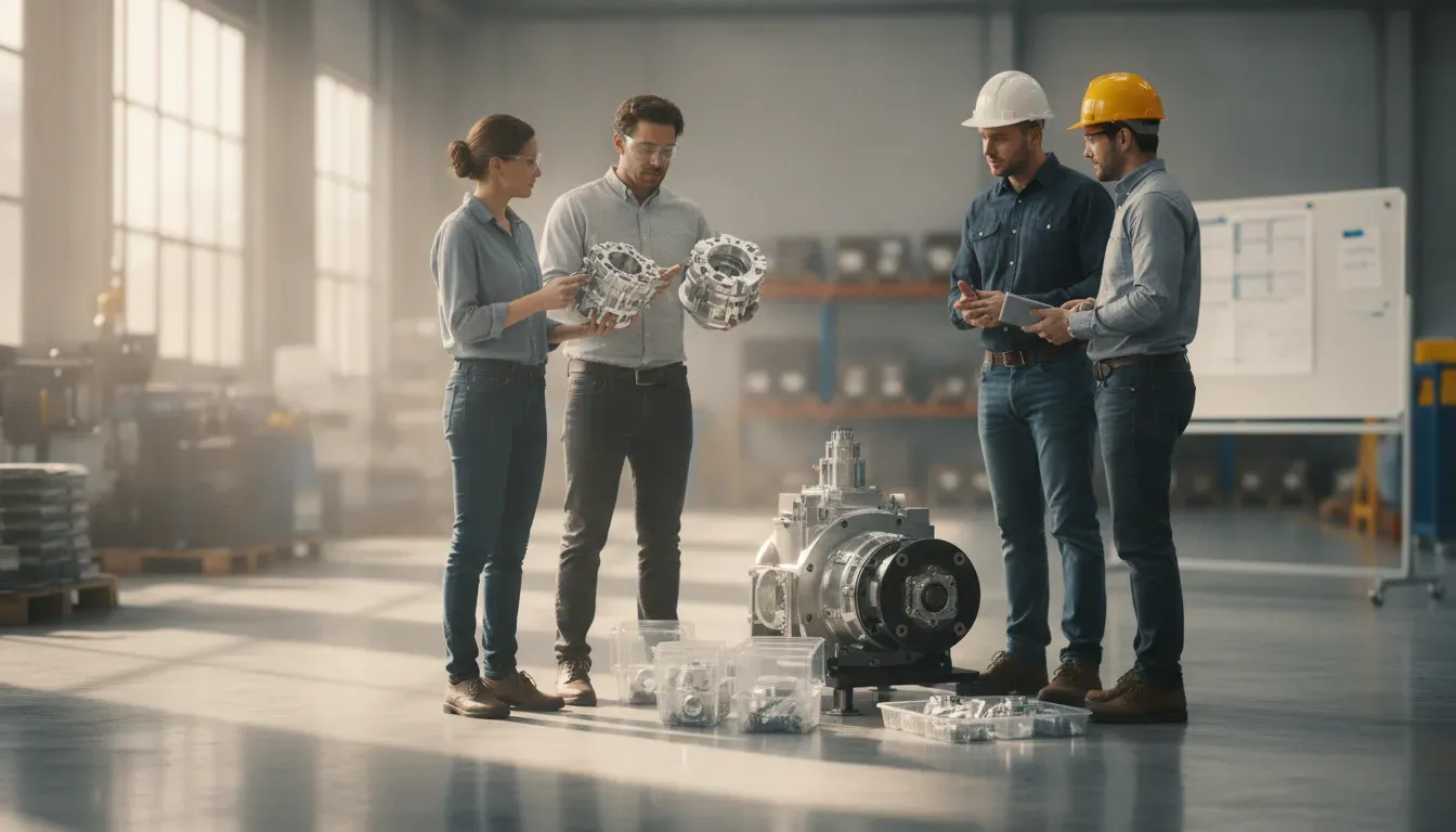 Manufacturing engineers comparing component revisions on a factory floor