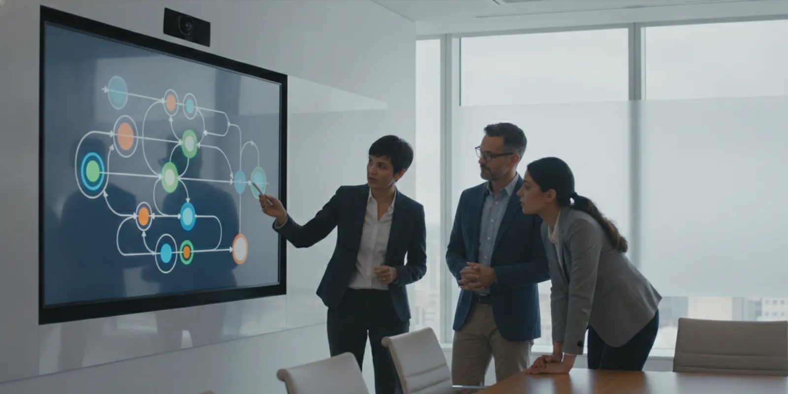 Enterprise architects reviewing a workflow security design on a monitor in a modern office