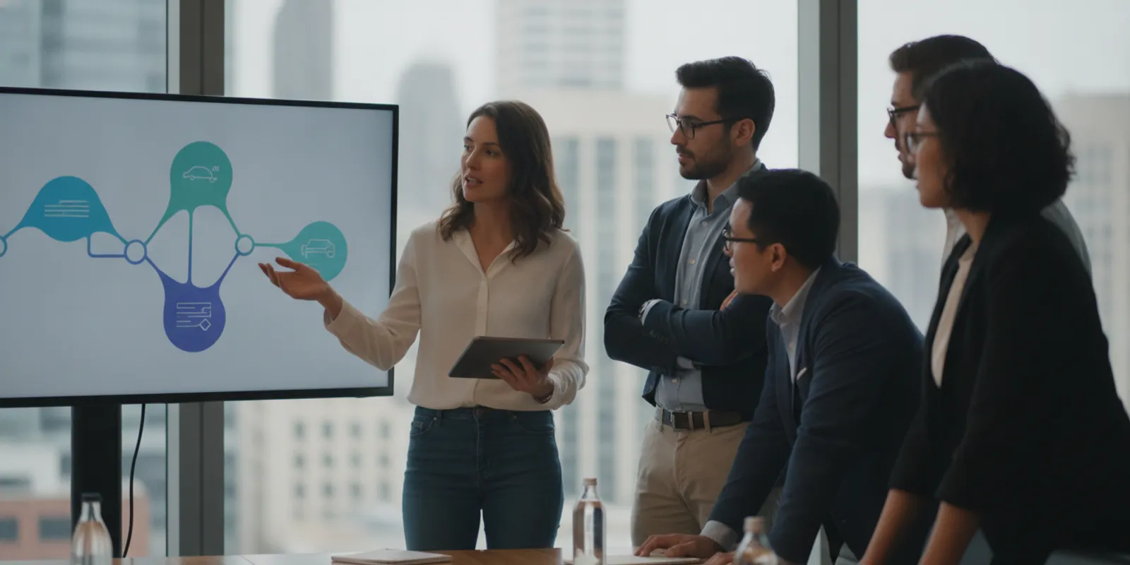 Enterprise product team reviewing a workflow diagram on a screen
