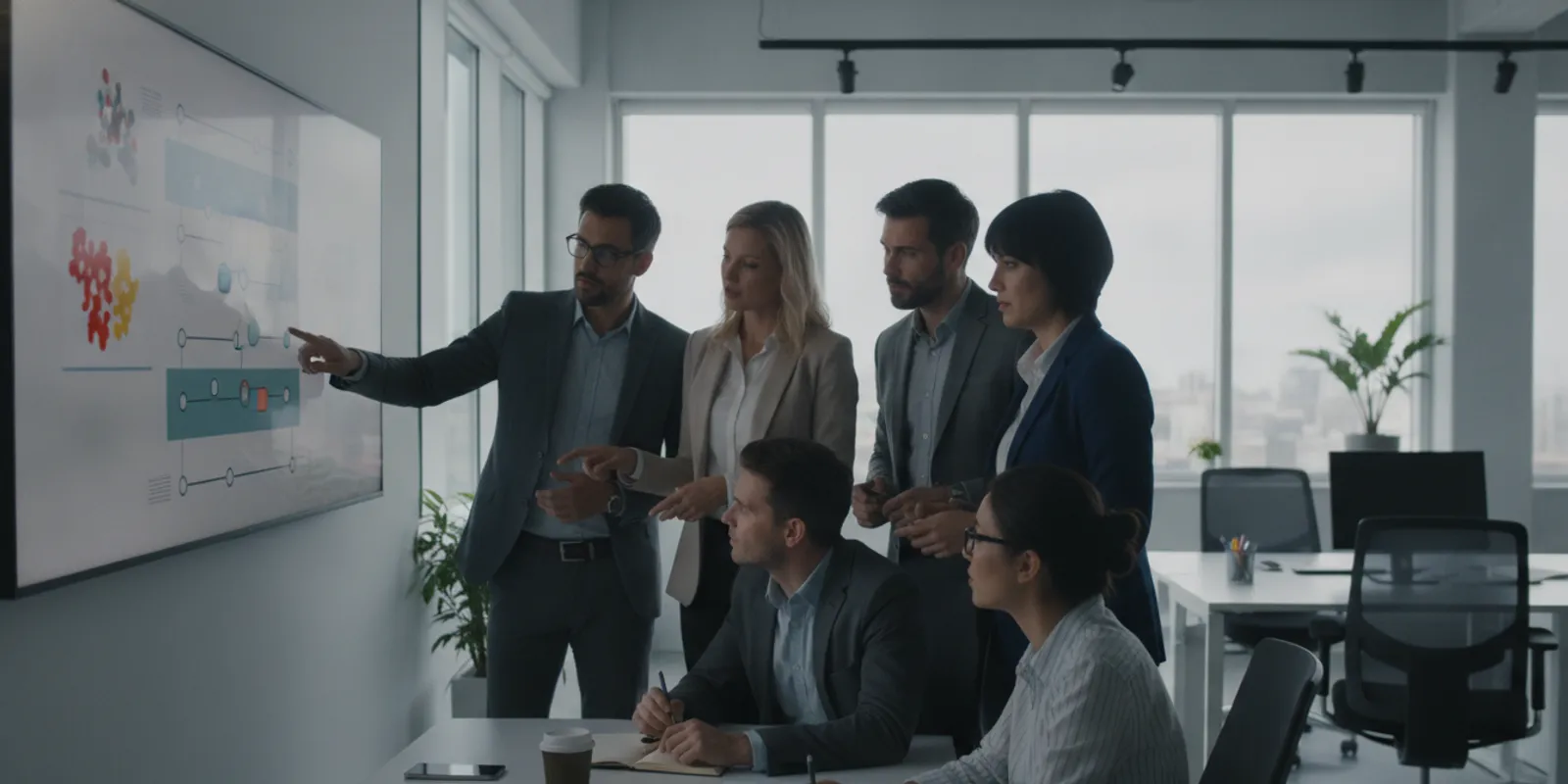 Operations team reviewing a workflow escalation dashboard in a modern enterprise office