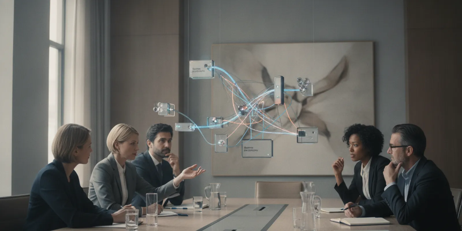 Enterprise architects reviewing a connected systems diagram on a large display
