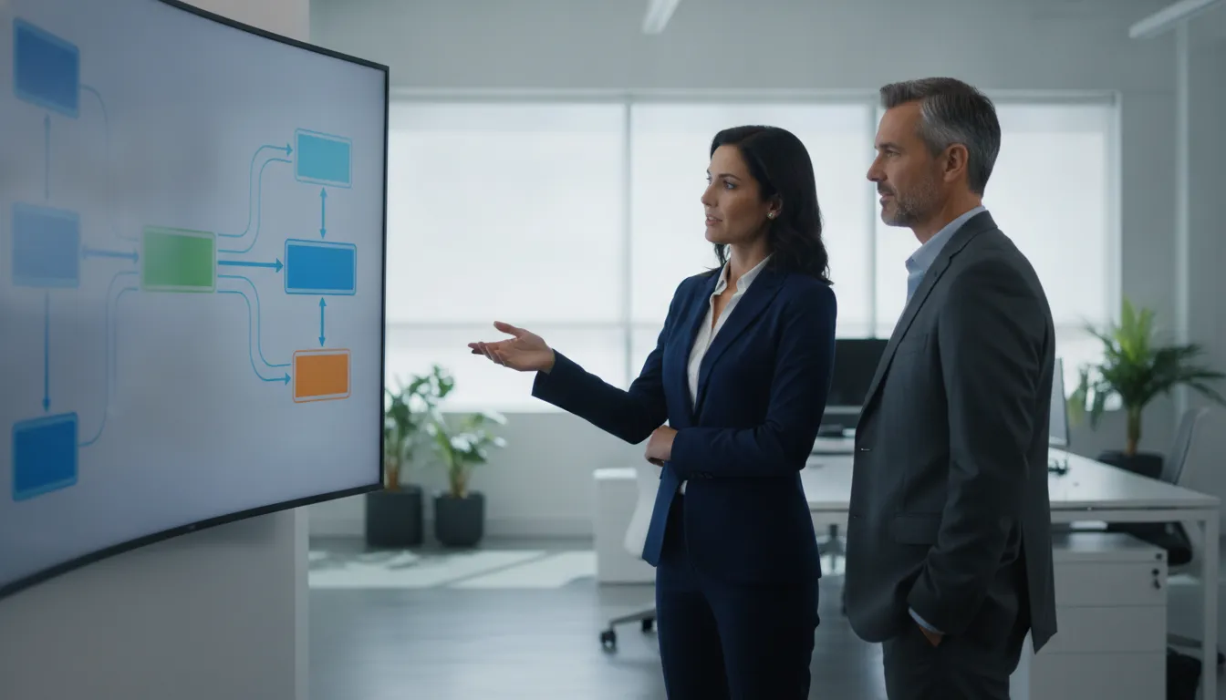 Operations leaders reviewing a process diagram while evaluating iPaaS vendors