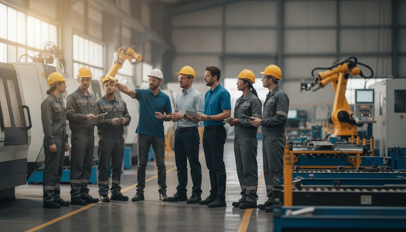 Manufacturing operations team reviewing document data and workflow handoffs