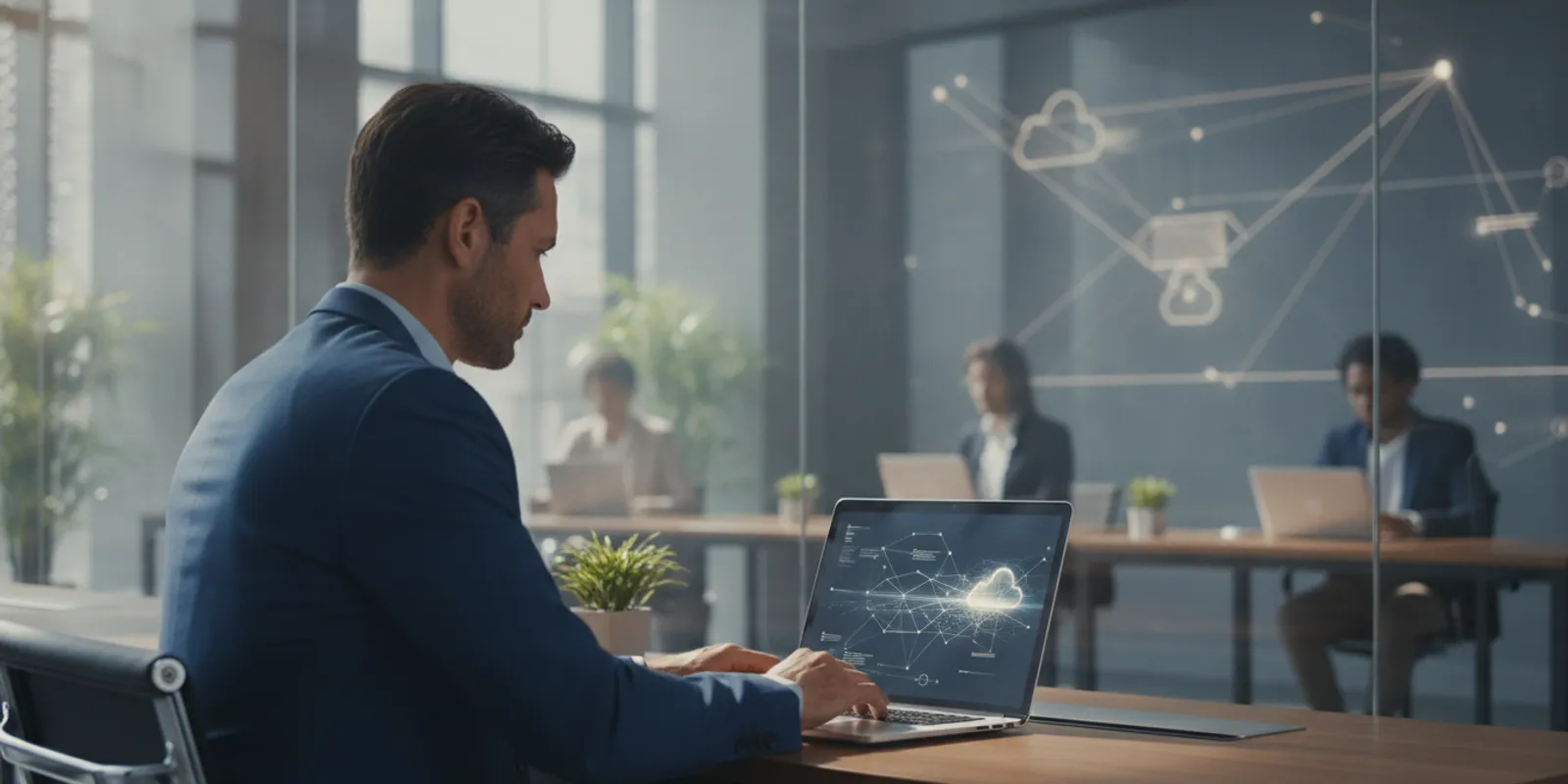 Enterprise architect reviewing a cloud data integration diagram on a laptop in a modern office