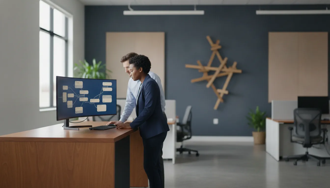 Finance and operations leads reviewing a controlled workflow on a large monitor in a manufacturing office