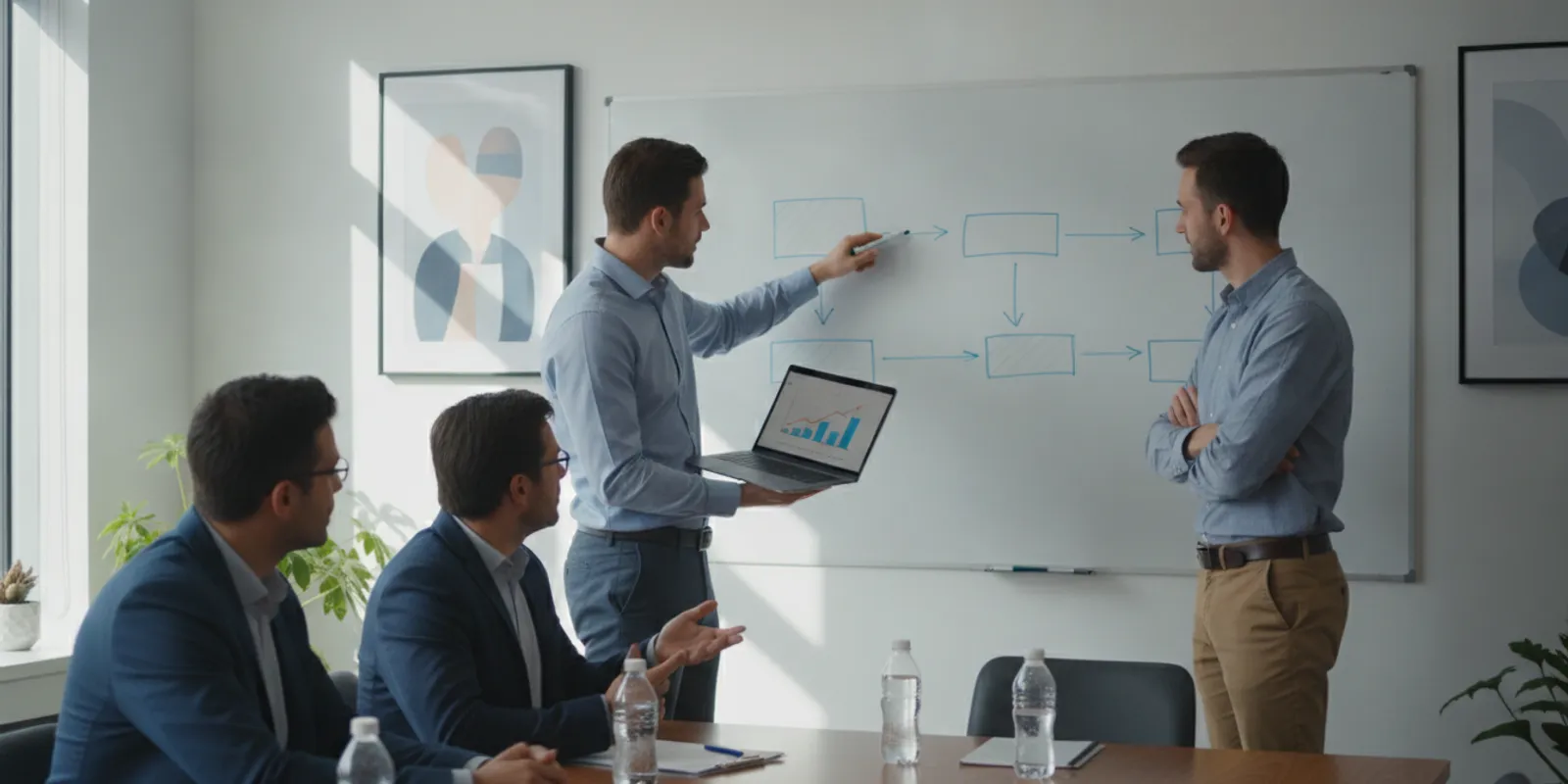 Operations team mapping approval and review steps on a conference room board