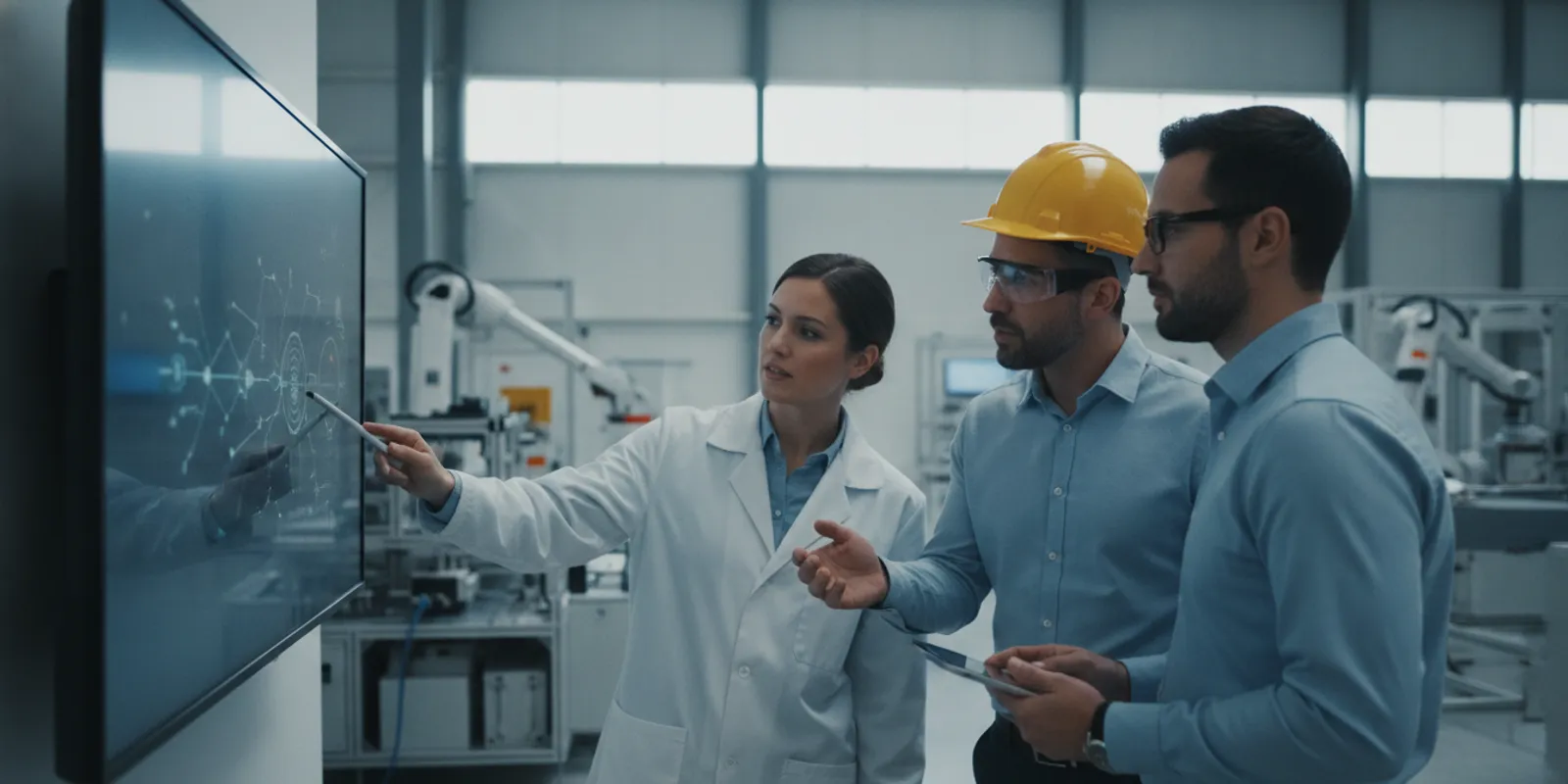 Manufacturing team reviewing a governed digital workflow