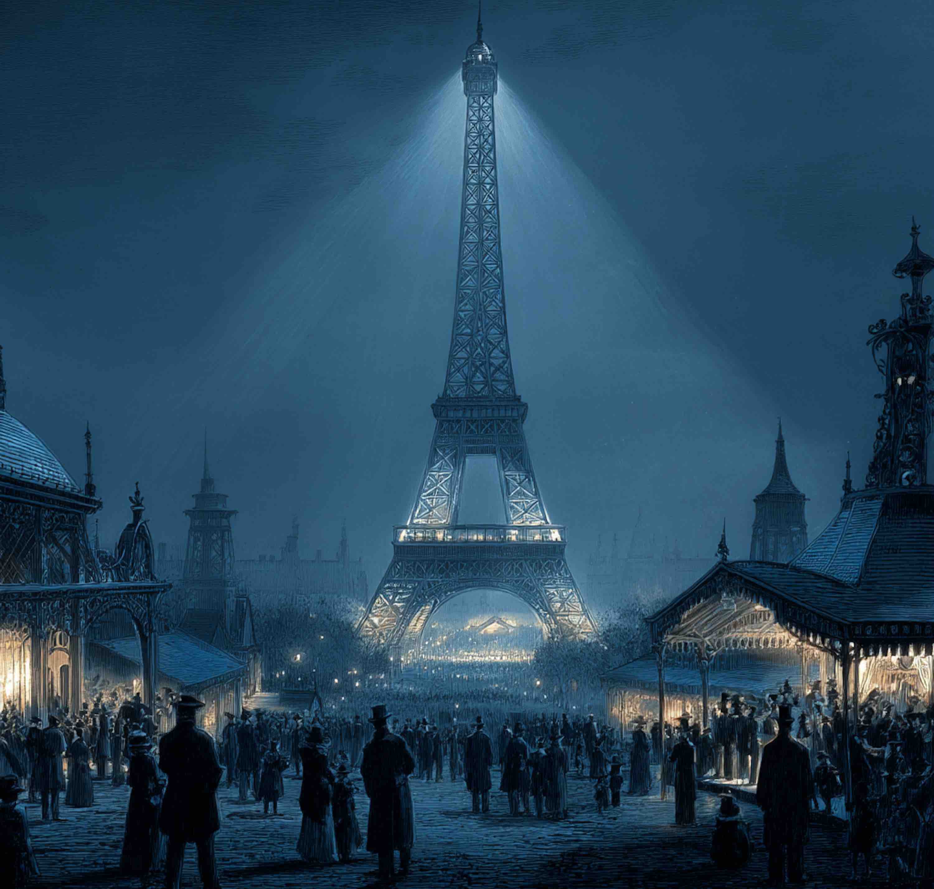 Image de fond présentant la Tour Eiffel pendant l'expo universelle de 1889