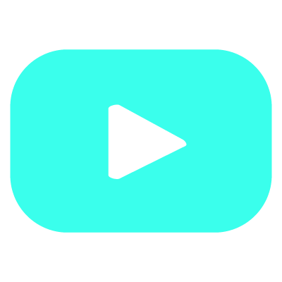 Rounded rectangle with bright cyan background featuring a central black right-pointing triangle play icon. Youtube logo