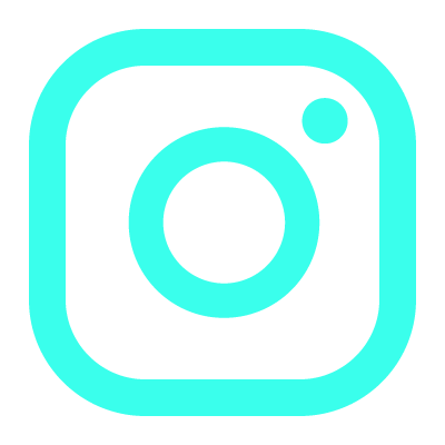 Bright cyan Instagram logo on black background. 