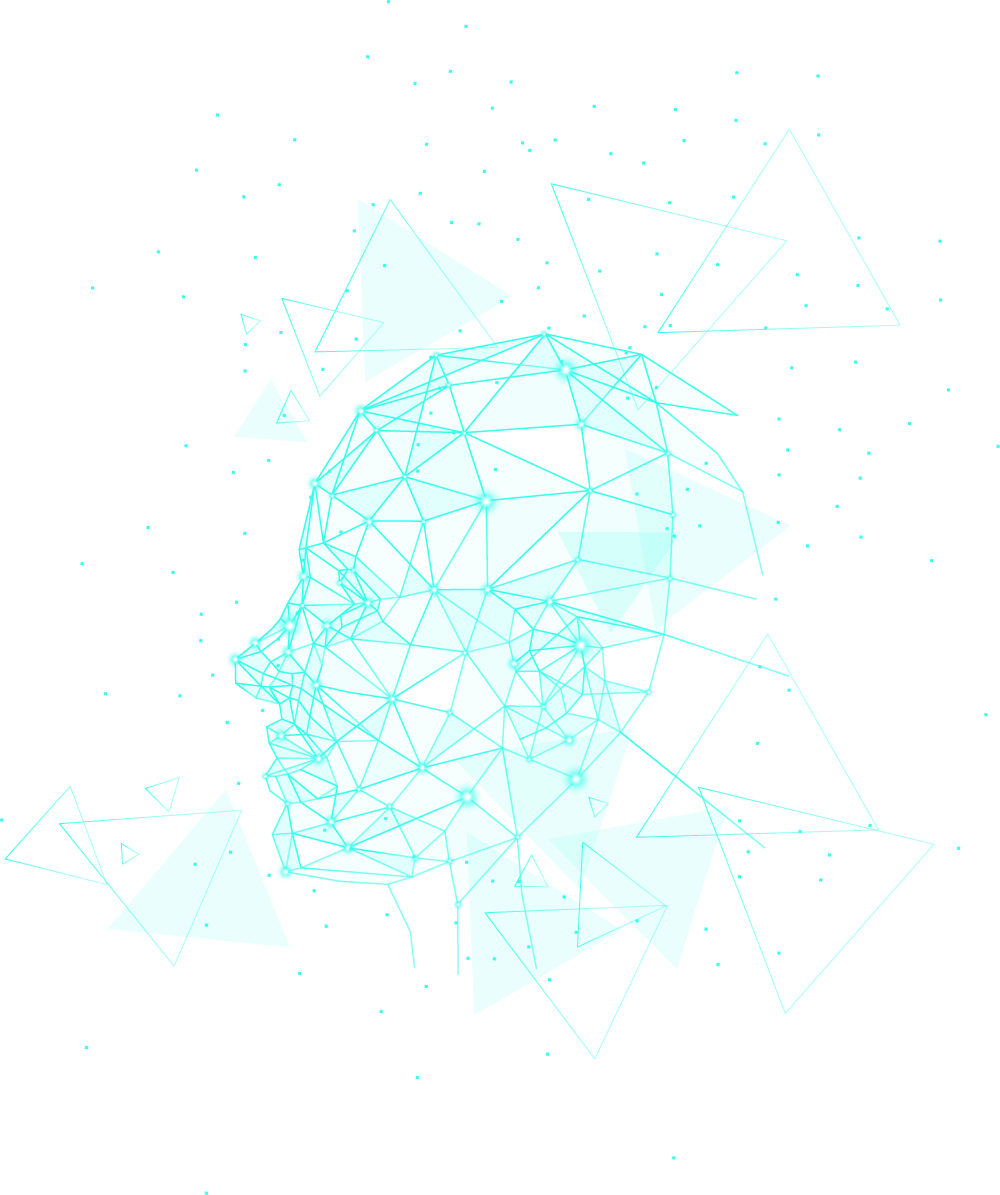 Abstract digital illustration of a human head silhouette formed by connected turquoise triangular shapes and dots on a black background with scattered smaller triangles and glowing points, representing technology and networks.