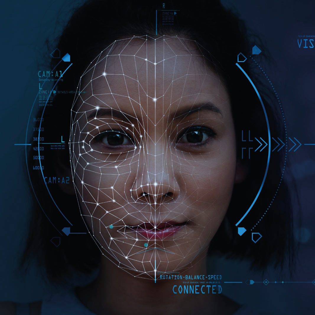 Close-up of a woman's face with a digital facial recognition grid overlay, showing nodes and lines mapping her facial features, accompanied by blue futuristic scanning interface elements.