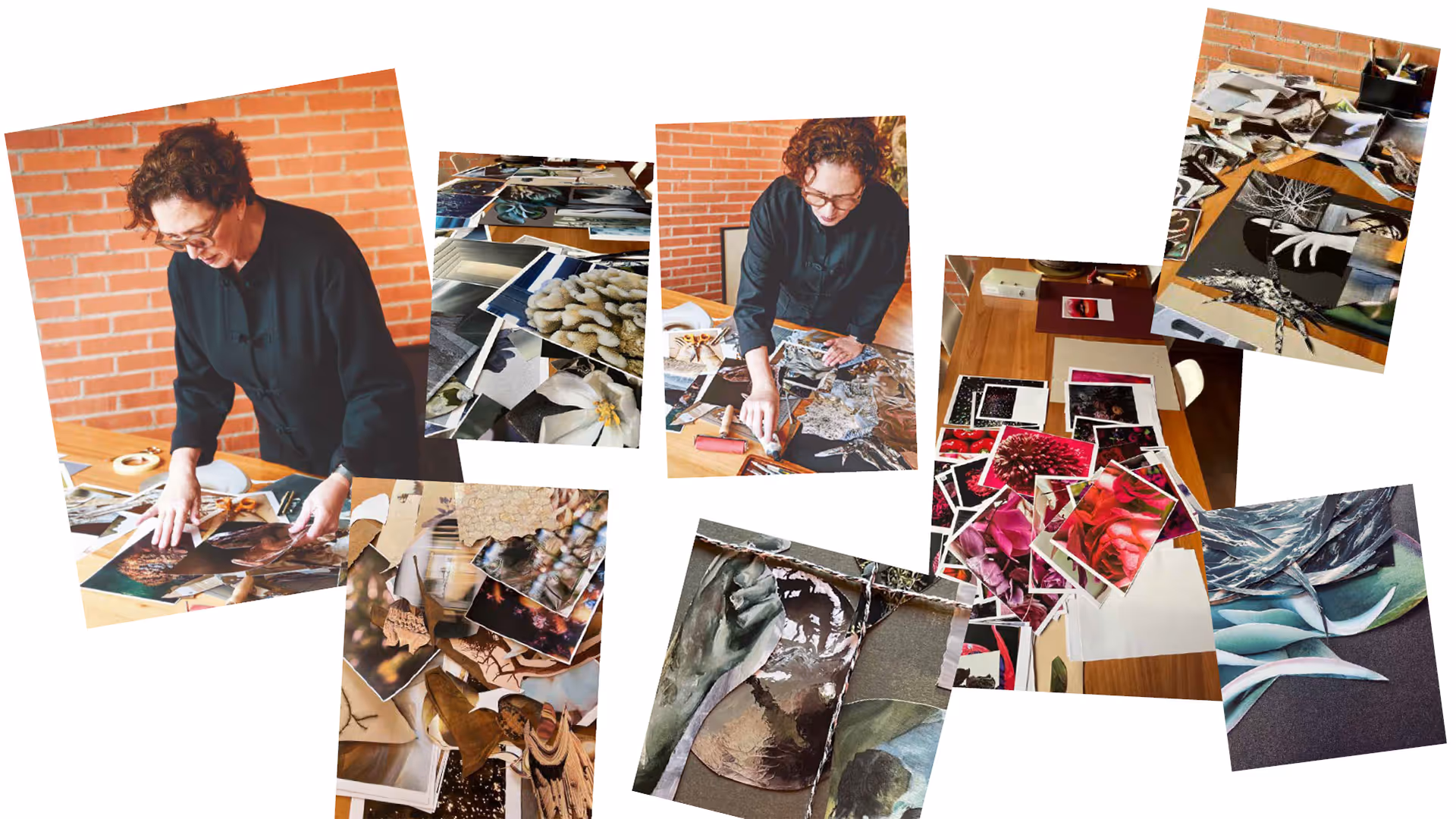 Marianne Leber working on collage artworks at a studio table surrounded by photographs, botanical images, and cut paper materials.