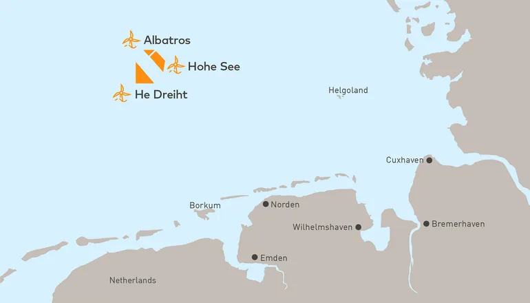 He Dreiht offshore wind farm is located in the German North Sea, featuring numerous turbine foundations and transition pieces positioned far offshore, forming a large-scale renewable energy project area under development.
