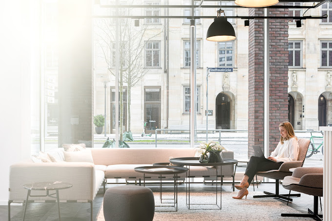 Luftaufnahme des Hamburger Rathaus und der Binnenalster mit Uferpromenade, Bäumen und Ausflugsbooten.