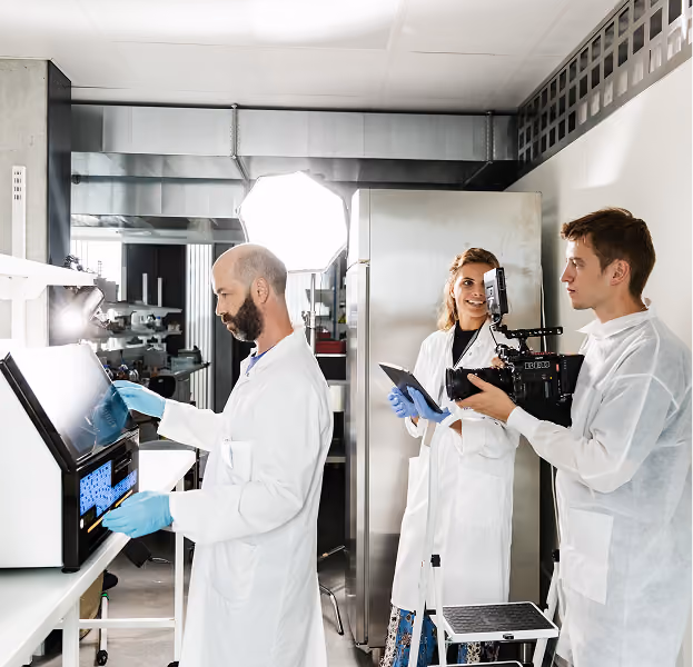 Three scientists in white lab coats and gloves working in a lab; one operates a touchscreen device, another holds a sample, and the third films them with a professional camera.