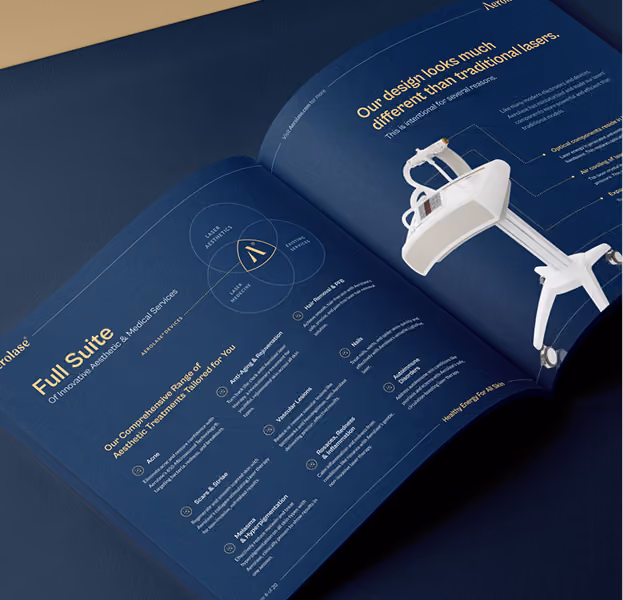 Open brochure with dark blue pages showing a medical aesthetic device on the right side and text on the left outlining the Full Suite of innovative aesthetic and medical services, including laser aesthetics, skincare systems, and more.