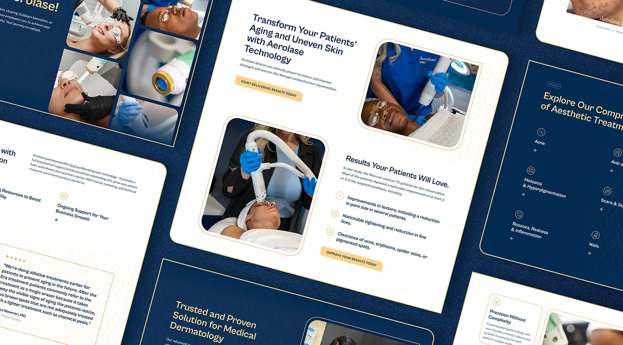 Website layout showcasing Aerolase laser treatment technology with photos of patients undergoing skin treatment and medical professionals using the device, emphasizing benefits like reducing skin aging, improving texture, tightening fine lines, and treating acne and pigmentation issues.