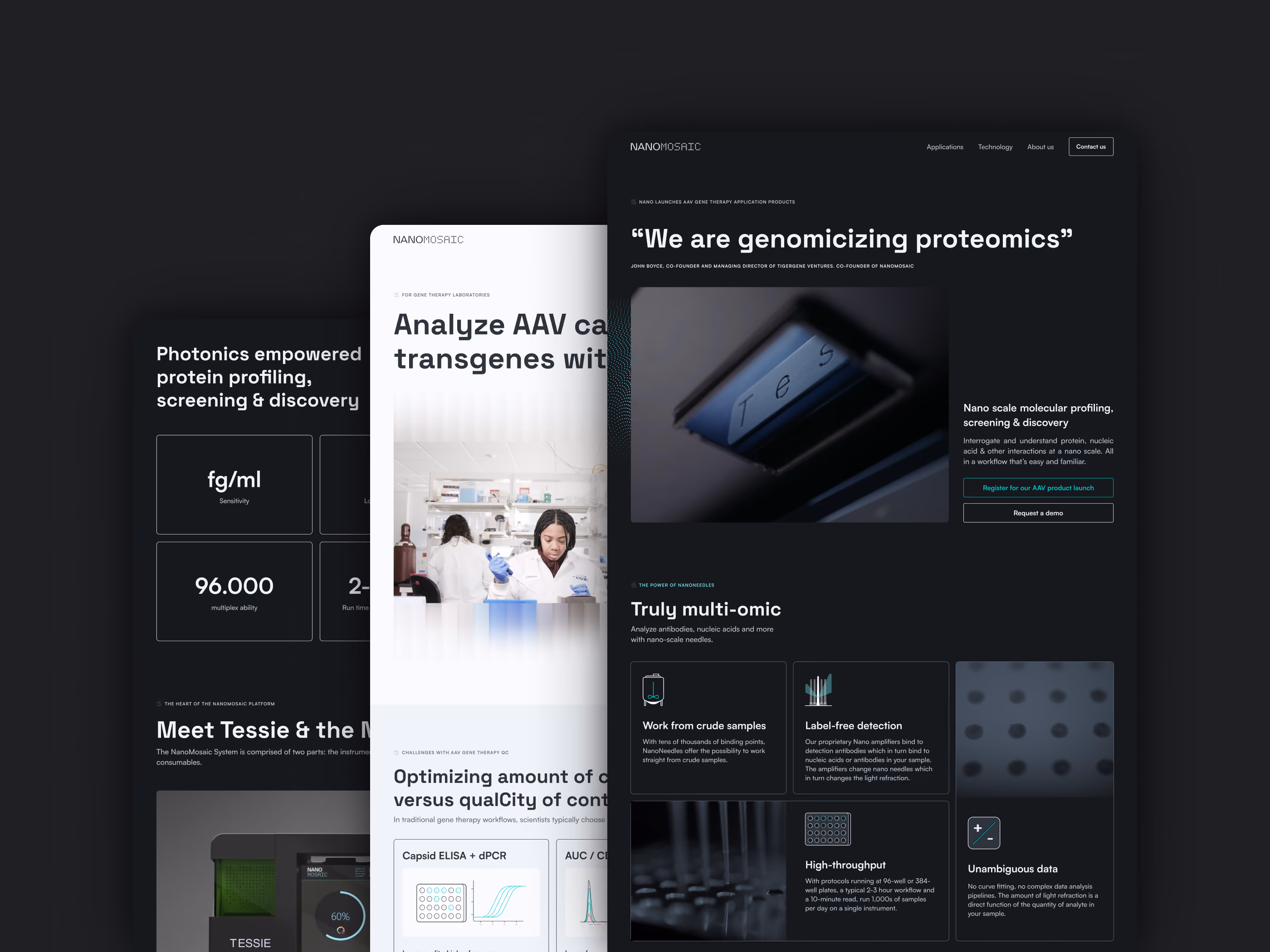 NanoMosaic website pages on desktop and mobile