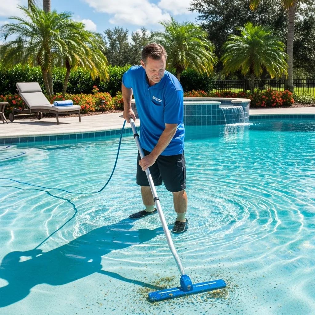 Professional pool cleaner vacuuming a well-maintained swimming pool