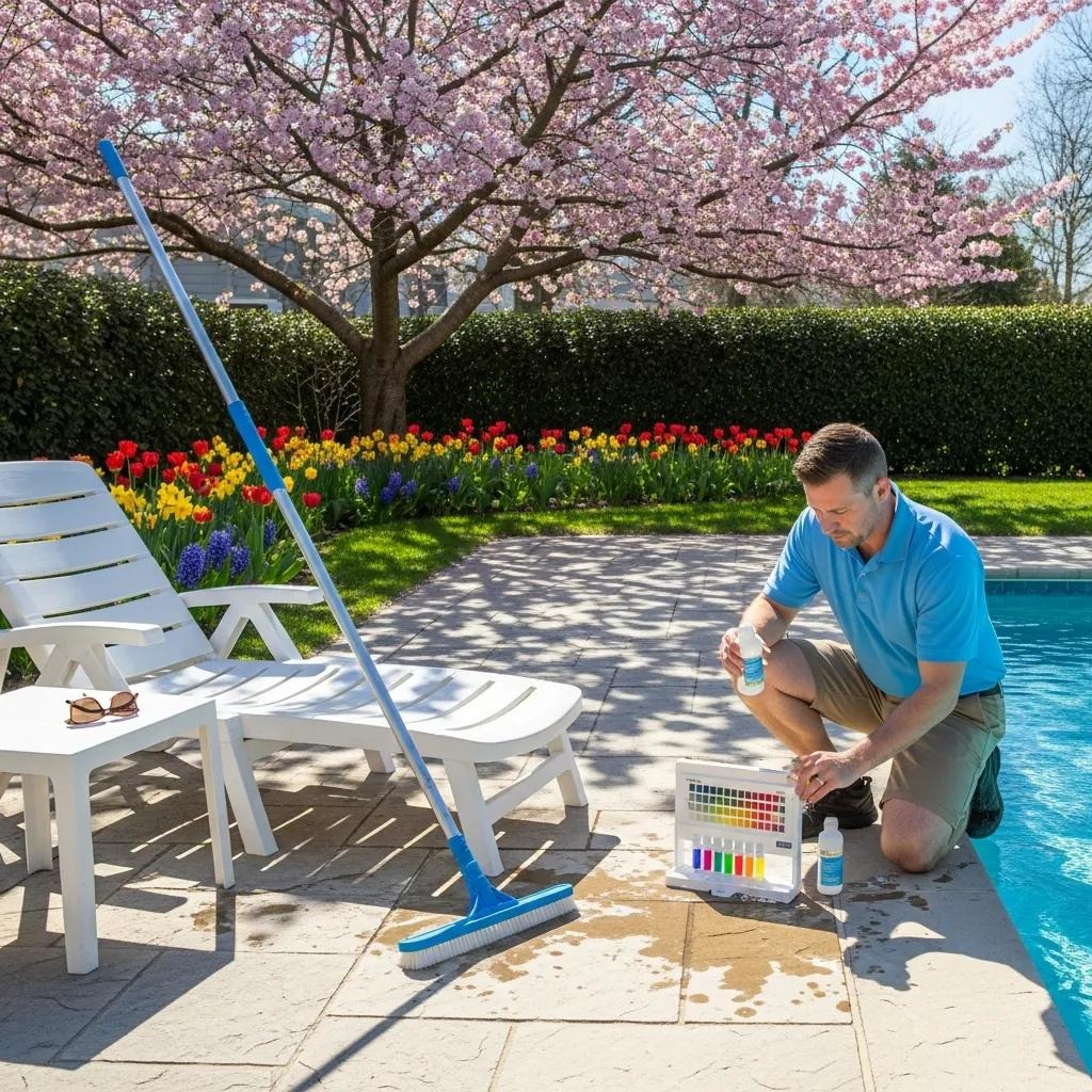 Technician preparing a swimming pool for the season with chemical checks