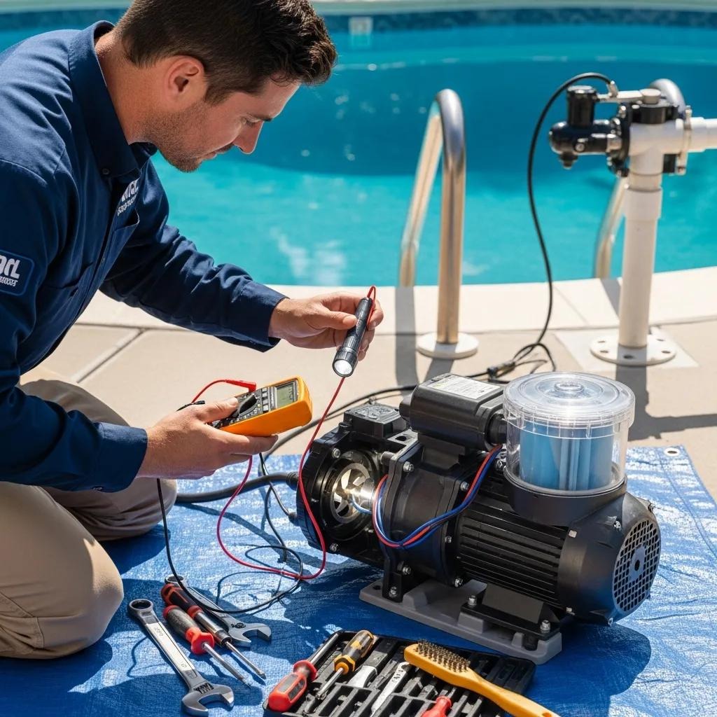 Technician inspecting a pool pump for noise issues, highlighting troubleshooting techniques