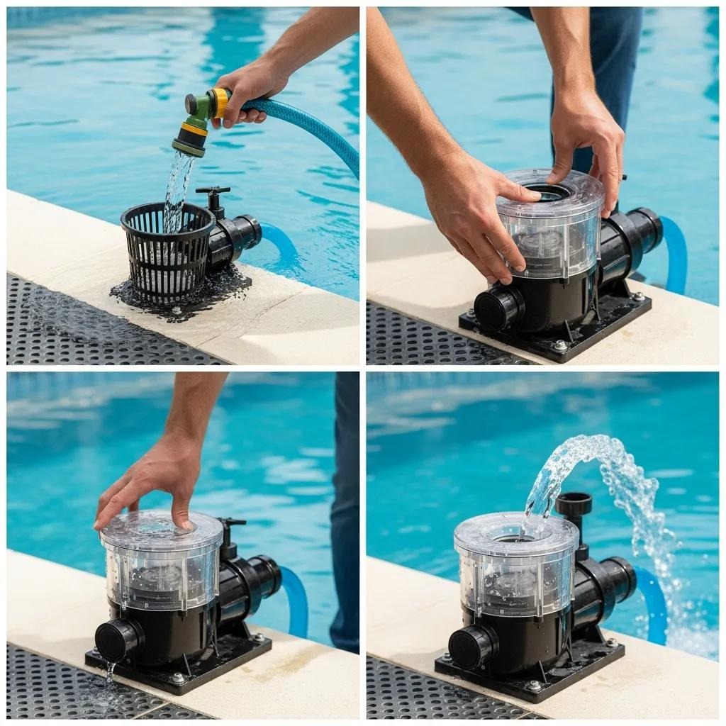 Person priming a pool pump by filling the basket with water, illustrating the correct process