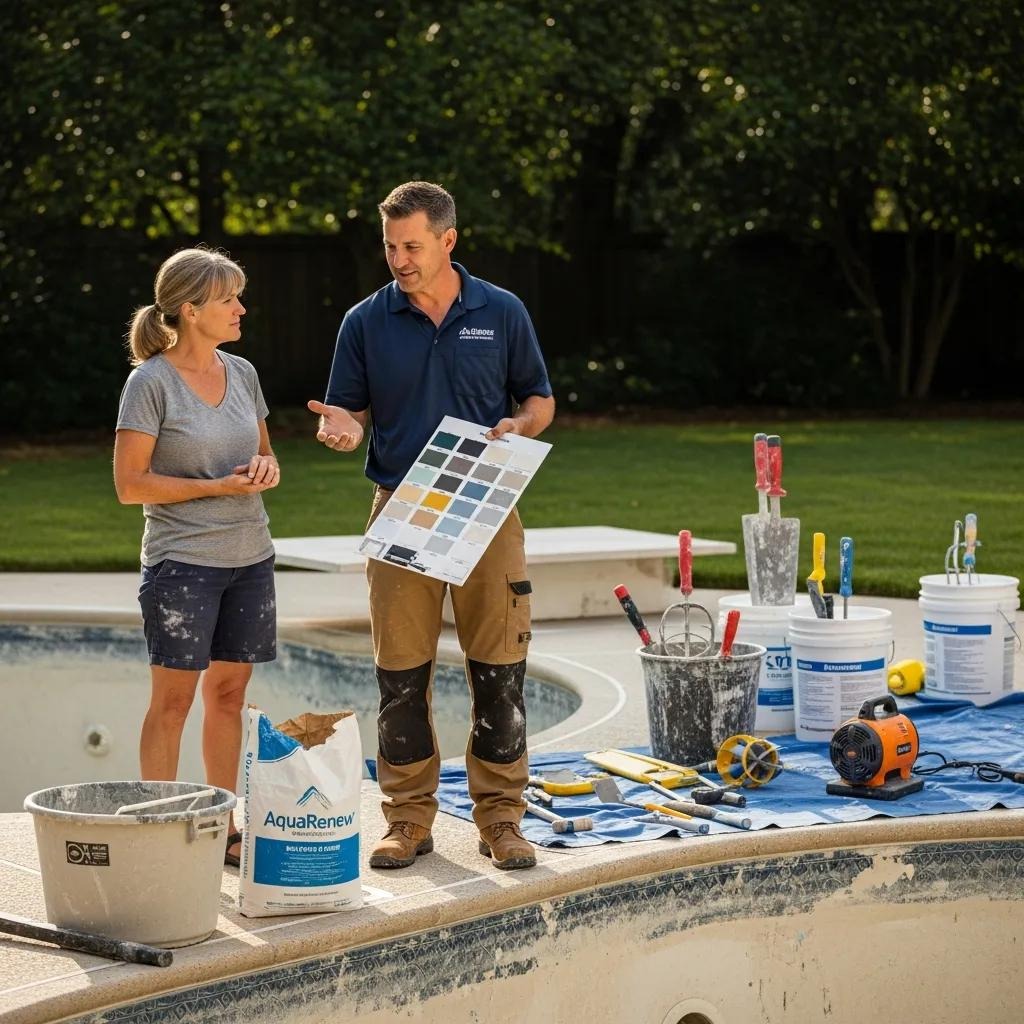 Contractor explaining pool resurfacing options to a homeowner, illustrating the renovation process